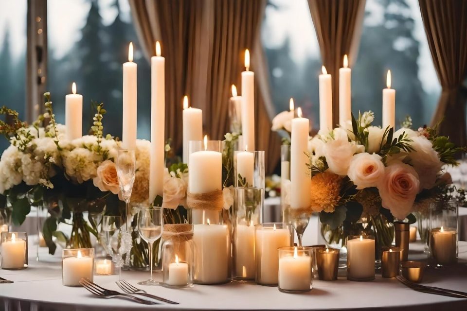 table setting wedding reception with candles and flowers